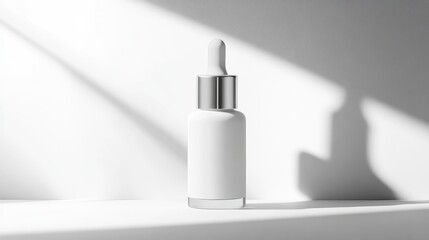 Elegant white serum packaging with a sleek silver cap, spotlight on its minimalistic design. No people. No logo. Focus point.