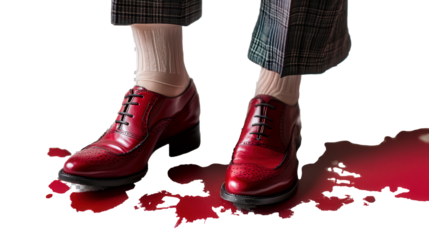 man with Red leather shoes stand in a pool of blood