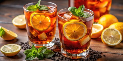 Refreshing glasses of iced tea garnished with citrus and mint.