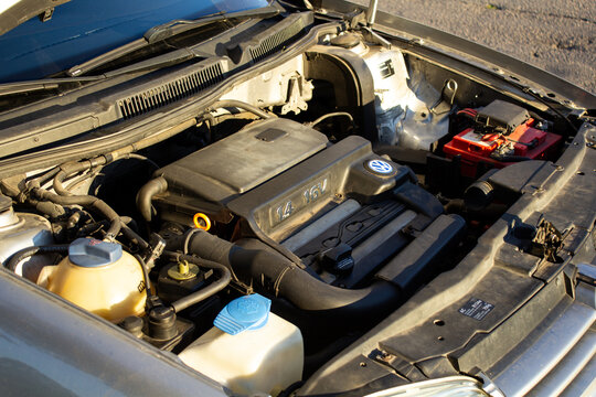 Zaporizhzhia, Ukraine - SEPTEMBER 22, 2024: VOLKSWAGEN car, car engine. Open hood for inspection of the engine compartment