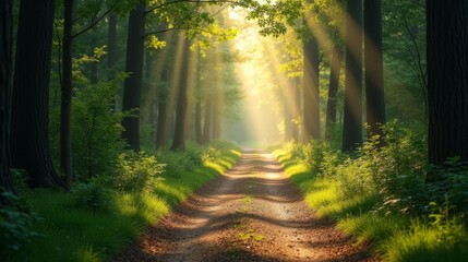 Fototapeta premium Serene Forest Path Illuminated by Gentle Light, Symbolizing Personal Growth and Mindfulness