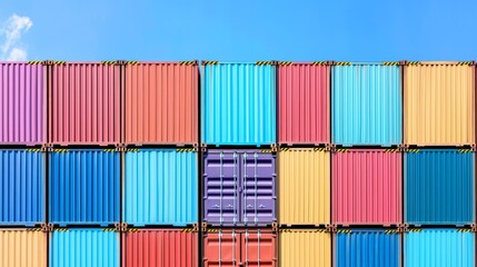 Obraz premium Colorful shipping containers stacked against a clear blue sky.