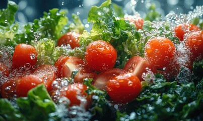 Fresh lettuce and cherry tomatoes under water splash