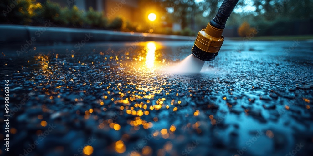 Poster A stream of water shoots from a yellow nozzle against the dark asphalt, reflecting light and creating a sparkling effect