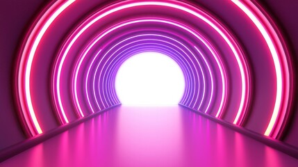 Fototapeta premium Futuristic tunnel with glowing pink lights leading to a bright exit.