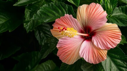 Hibiscus flower with vibrant colors against lush green foliage.