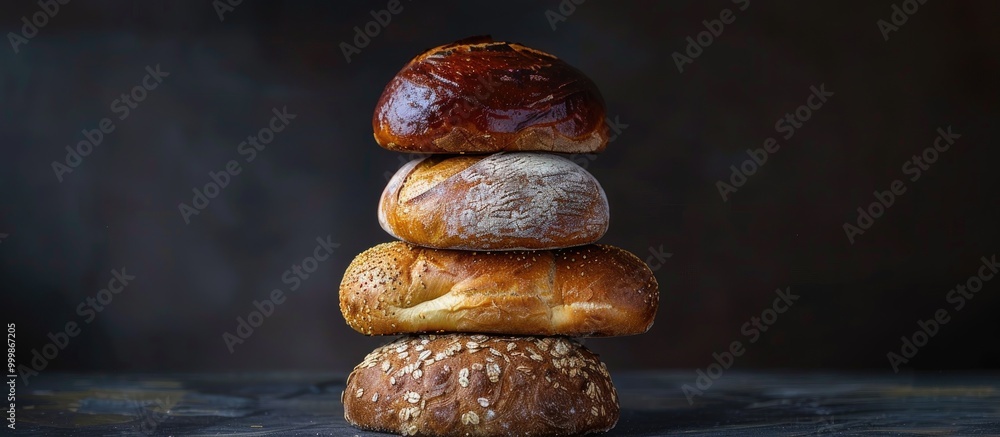 Poster four different breads stacked in front of a dark background