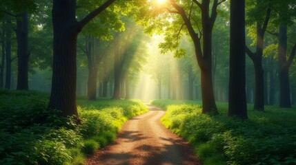 Obraz premium Serene Forest Path Illuminated by Gentle Light, Symbolizing Personal Growth and Mindfulness