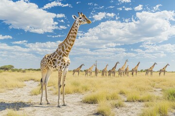 Obraz premium Panoramic landscape with a group of giraffes in Kalahari Desert, Namibia. Herd of giraffe pastured in savanna, wild African animals in natural habitat, generative ai