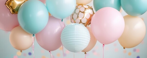 Colorful balloons in various pastel shades against a soft background, perfect for celebrations and parties.