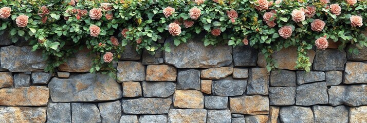 Naklejka premium A stone wall with a cascading vine of delicate pink roses, showcasing a beautiful blend of nature and rugged architecture