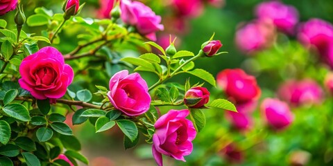 Obraz premium Beautiful close-up of a vibrant rose thorn bush with lush green leaves and delicate pink flowers