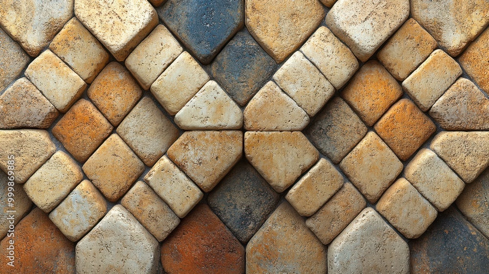 Poster a symmetrical arrangement of stone tiles with various tones of brown, orange, and gray, creating a c