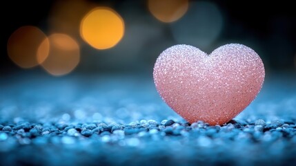 Fototapeta premium A pink heart shaped object rests atop a blue background, with blurred lights in the background.