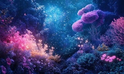 Fototapeta premium Magical Fantasy Forest Night Scene with Glowing Plants