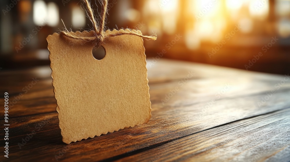 Poster A Rustic Brown Paper Tag with a Hole for String Hanging on a Wooden Table