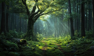 Obraz premium Sunlit Forest Path with Lush Green Foliage