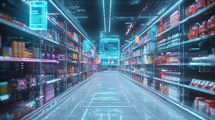 Futuristic grocery store aisle with holographic displays and glowing shelves.