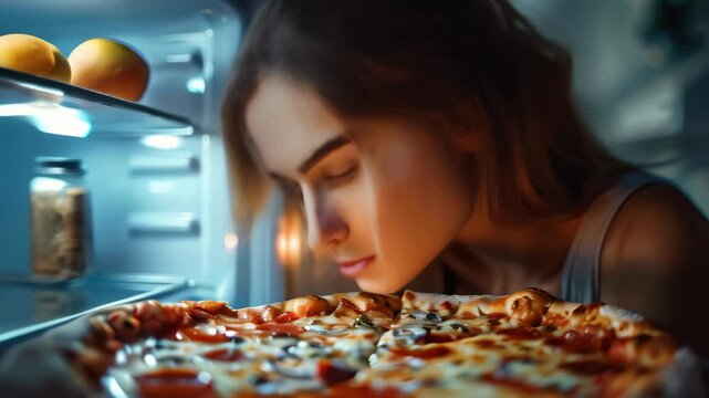Late-night cravings as a woman gazes longingly at a delicious pizza in her fridge during evening hours