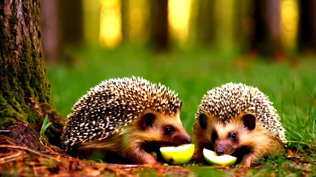 Two adorable hedgehogs nibbling on a juicy apple