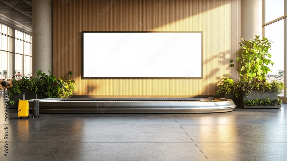 Poster a blank billboard in the arrival hall of an international airport with passengers collecting their l
