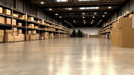 A vibrant warehouse brimming with festive Christmas decorations and twinkling lights creating a joyful holiday atmosphere