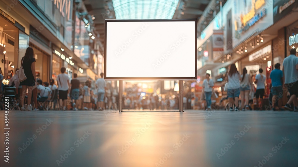 Poster a blank billboard mounted near the elevators in a shopping mall lobby with people waiting in front a