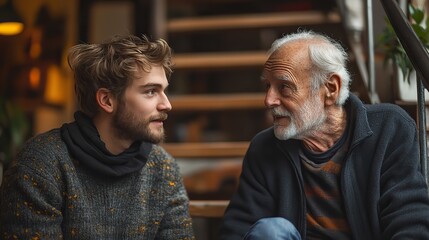 an adult hipster son and senior father sitting on stairs indoors at home talking