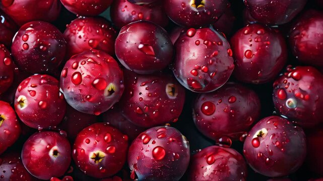 Freshly washed cranberries glistening with water droplets on a dark surface in vibrant detail