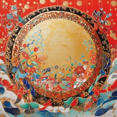 A detailed depiction of a New Year drum, featuring bright colors and intricate patterns, resting on a festive backdrop of red and gold