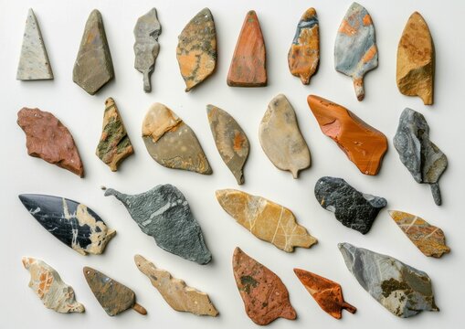 Collection of various stone tools on a light background showcasing unique textures and colors
