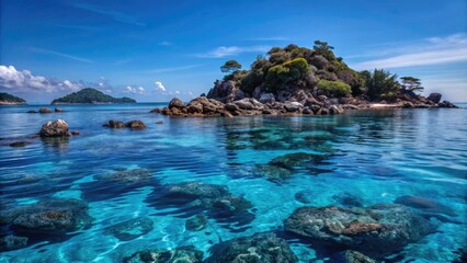 Fototapeta premium A stunning view of a tropical island surrounded by clear blue water.