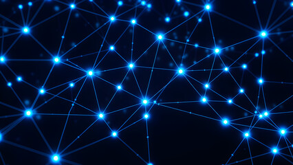 Bright connected network of blue glowing dots and lines, Generative AI