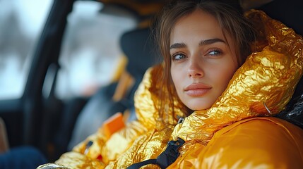 an injured woman in a plastic stretcher after a car accident covered by thermal blanket