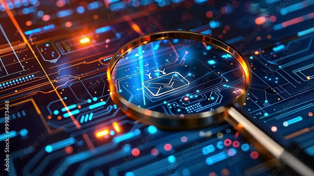 Poster magnifying glass is hovering over an email icon on top of a computer circuit board, representing the