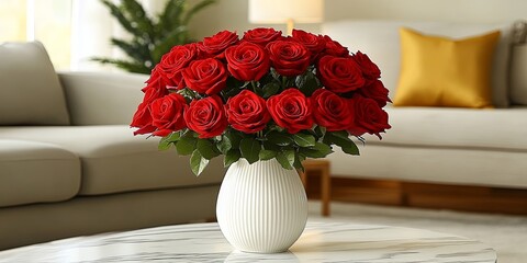 A vibrant bouquet of red roses arranged in a white ceramic vase, resting on a white marble coffee table, capturing a moment of elegance and beauty.