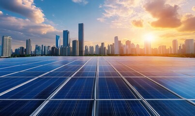 Solar Panels and City Skyline at Sunset
