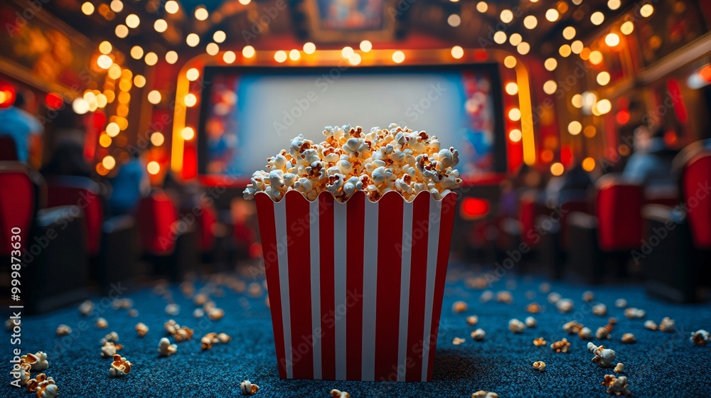 Poster a large blank billboard along the hallway leading to cinema screens with people carrying popcorn and