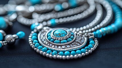A detailed view of a turquoise and silver necklace with intricate design and gemstone accents.