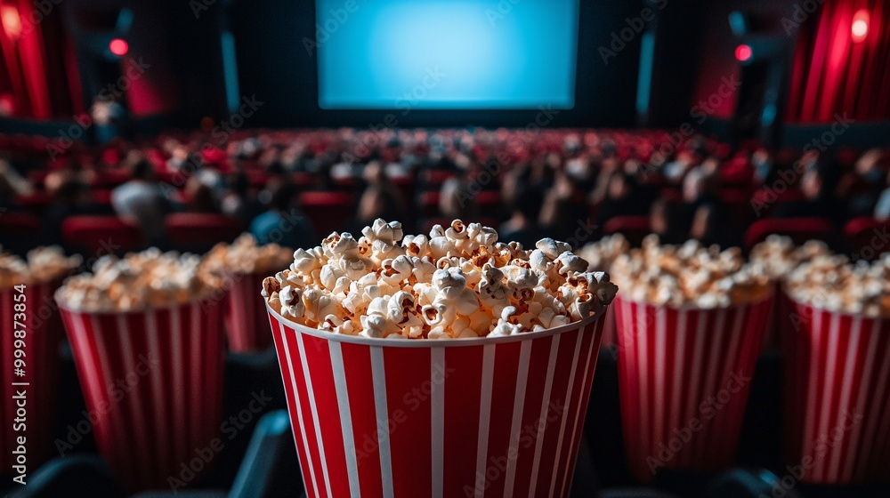 Poster a large blank billboard along the hallway leading to cinema screens with people carrying popcorn and