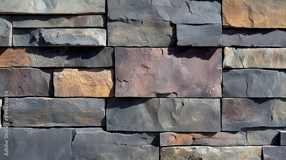 Poster A Rustic Wall of Interlocking Stone Slabs Featuring a Variety of Colors and Textures, Including Gray, Brown, and Rust