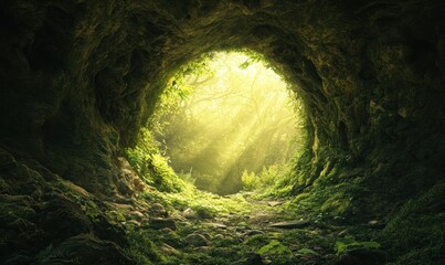 Fototapeta premium Enchanted Forest Cave with Sunlight Rays