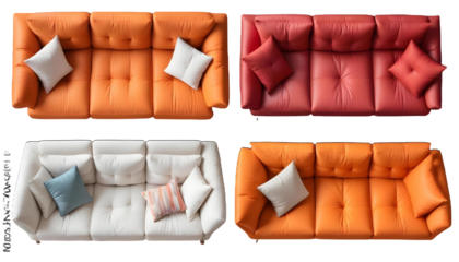 Four different sofas or couches with various colors and textures, including orange, red, and white with a Transparent Background