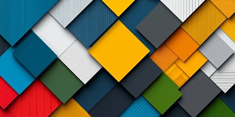 Abstract geometric pattern with overlapping squares in vibrant colors and textured surfaces