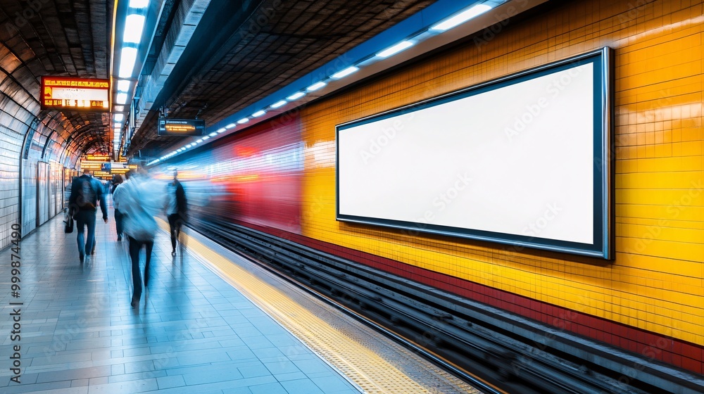 Poster A blank billboard placed in a high-traffic subway corridor with commuters rushing past and walls filled with directional signs and advertisements Large space for text in center Stock Photo with copy