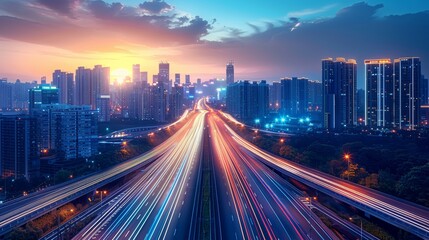 Obraz premium Highway overpass motion blur with city background 