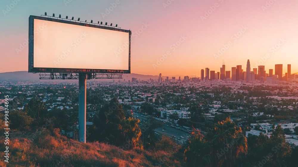 Poster a large blank billboard above the entrance of a convention center capturing the buzz of attendees an