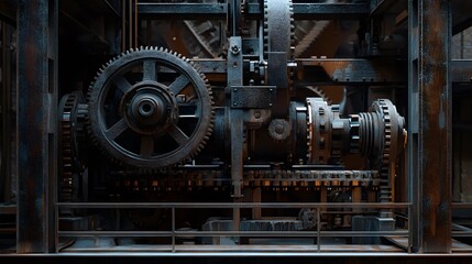 Fototapeta premium A machine with gears and a yellow light. The machine is in a factory. The machine is made of metal