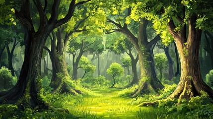 Naklejka premium A Sunlit Path Through a Dense, Lush Forest