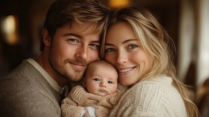 beautiful young parents with a newborn baby at home kissing